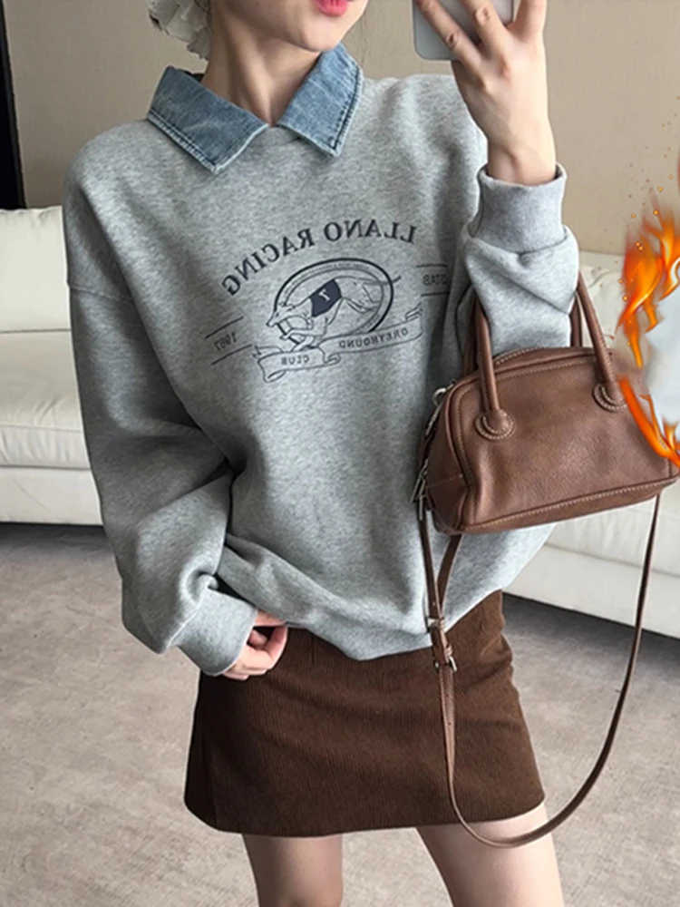 レディース フェイクツーピース パーカー 韓国風 ポロ襟 長袖 ゆったり 厚手 暖かいトップス グレー 漫画プリント 秋冬 カジュアル ファッション
