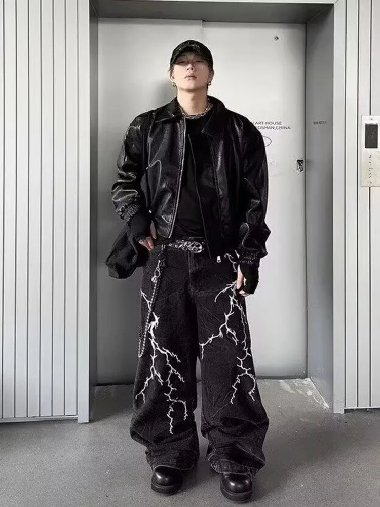 

Мужские джинсы свободного кроя с вышивкой в стиле американской уличной моды, с принтом «Молния», удлиненные, с низкой посадкой, повседневные, в стиле кэжуал