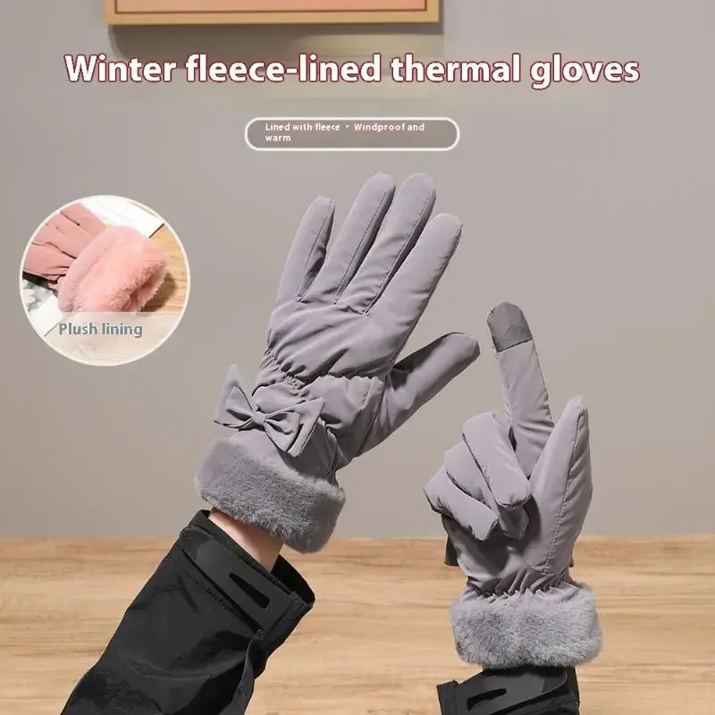 Guantes de esquí para mujer, guantes de invierno de lana gruesos y cálidos de felpa de algodón impermeables con pantalla táctil para conducción al aire libre y montañismo