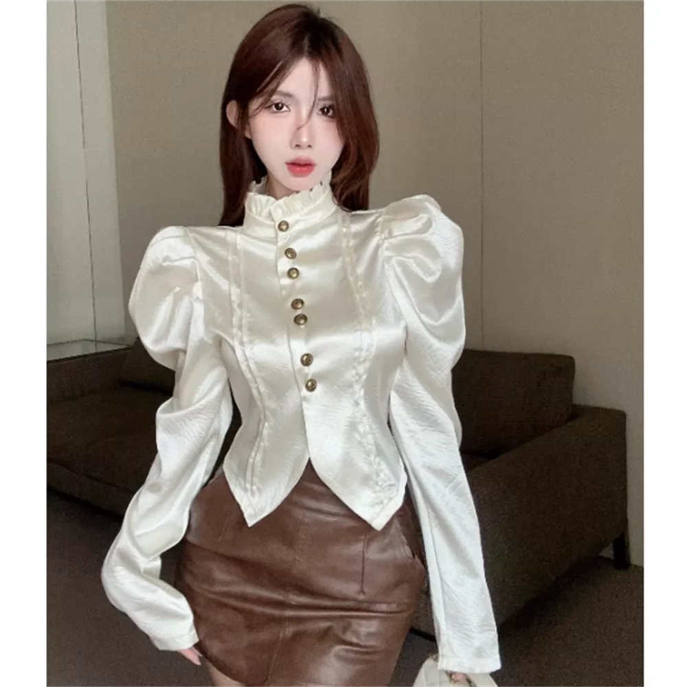 

Bubble sleeve single breasted blouse women slim waist long sleeves top