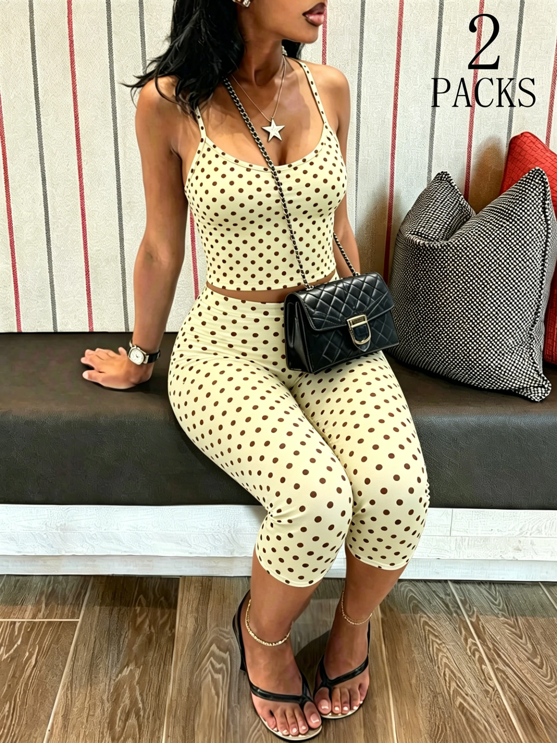 2Pcs Women Y2K Polka Dot Spaghetti Strap Crop Top High Waist Capri Pants Set Casual Street Loungewear Outfit