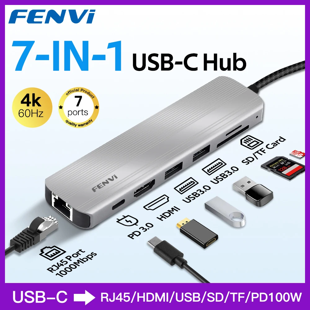 FENVI 7 in 1 Docking Station Type C Hub Splitter Converter With HDMI 4K 60Hz USB 3.0 RJ45 PD 100W Fast Charge SD TF USB C Dock