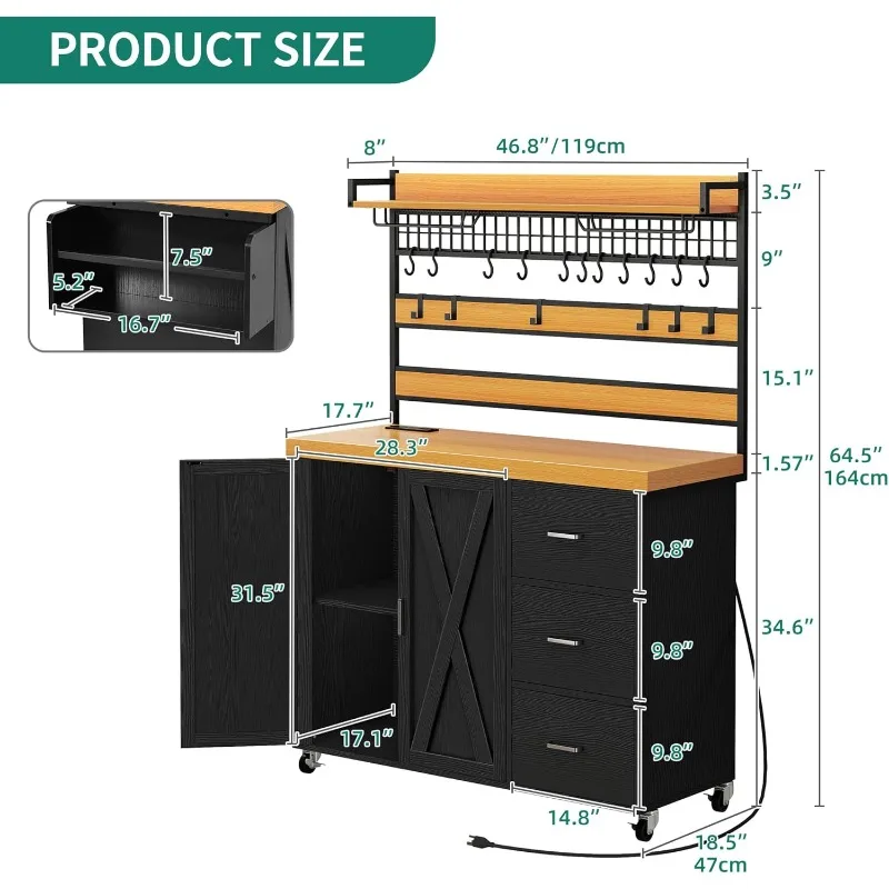 رف الخبازين مع مخرج طاقة وإضاءة LED، حامل ميكروويف مقاس 53 بوصة مع خزانة تخزين وعداد سميك، بيت المزرعة