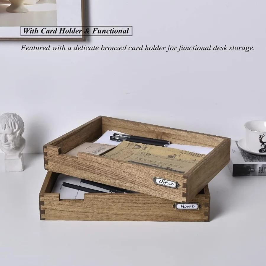 علبة مكتب خشبية قابلة للتكديس لتنظيم الحروف المكتبية مكونة من قطعتين - منظم مكتبي من طبقتين مع حامل بطاقة ملصق معدني لـ Effi #4