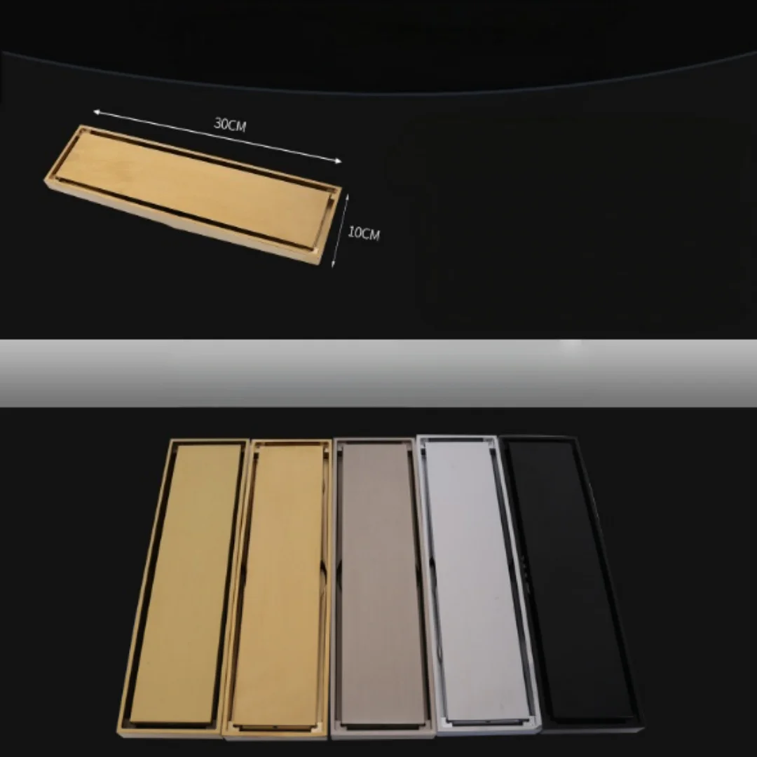 Brushed Gold 30x10cm Bathroom Long Floor Drains Brushed Nickel Floor Drain Strainer Conceal Black Bath Drain SUS304 Drainers