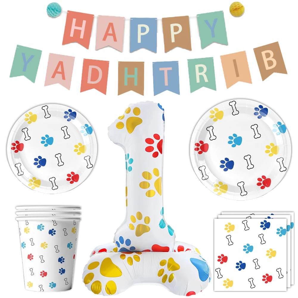 Haustier Hund Geburtstag Party Supplies Hund Pfote Pappteller Tasse Serviette Alles Gute zum Geburtstag Banner 16 Zoll Nummer Stehende Folie Ballon Dekore – Detail 1