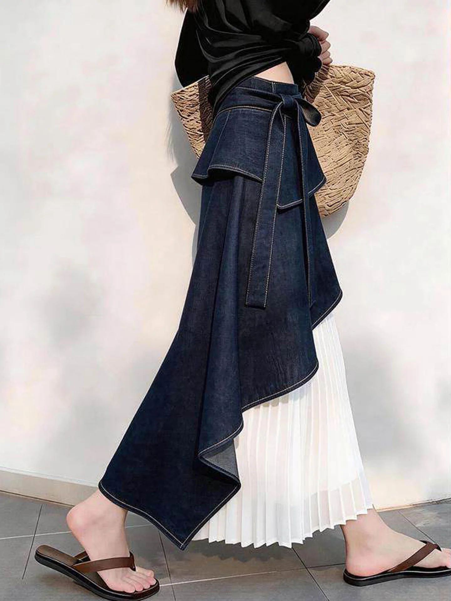 American Style Denim Patchwork Skirt Women's Autumn New Commute Design High Waist Irregular Long Dress with Belt