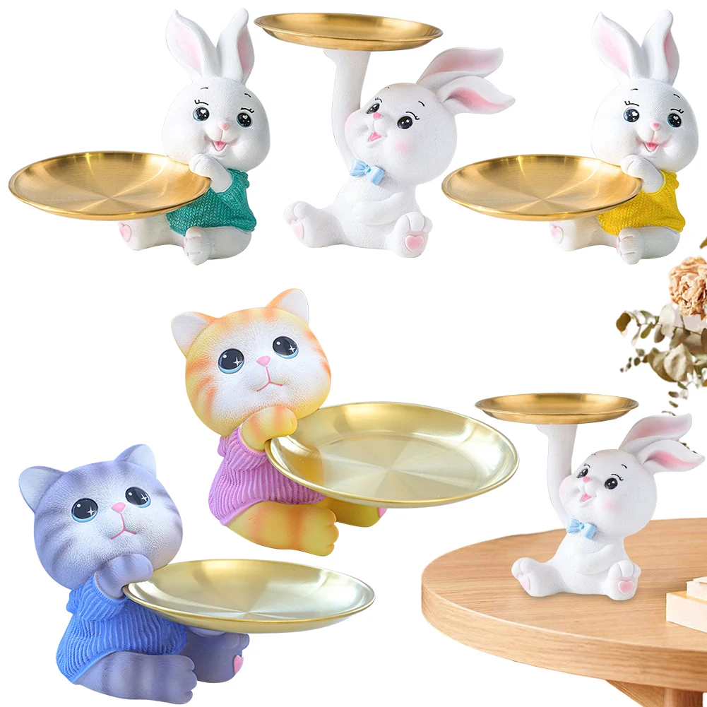 Cute Rabbit/Cat Storage Tray Multifunctional Creative Figurines Ornaments Resin Rabbit Sculpture Key Tray for Living Room Porch