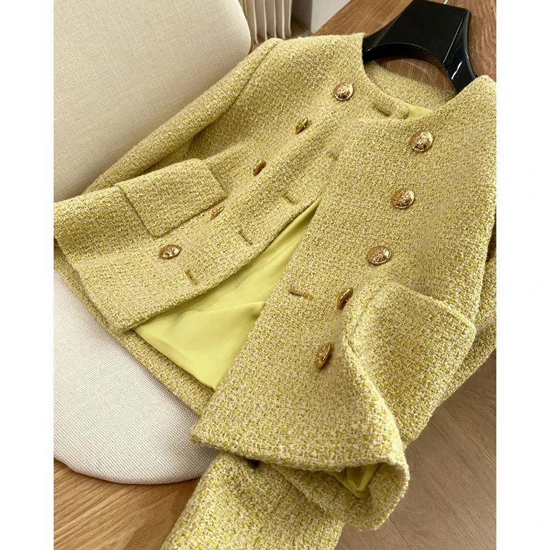 2022 New Elegant Double Breasted Yellow Tweed Jacket For Women Vintage O Neck Long Sleeve Cropped Coat Luxury Designer Outerwear