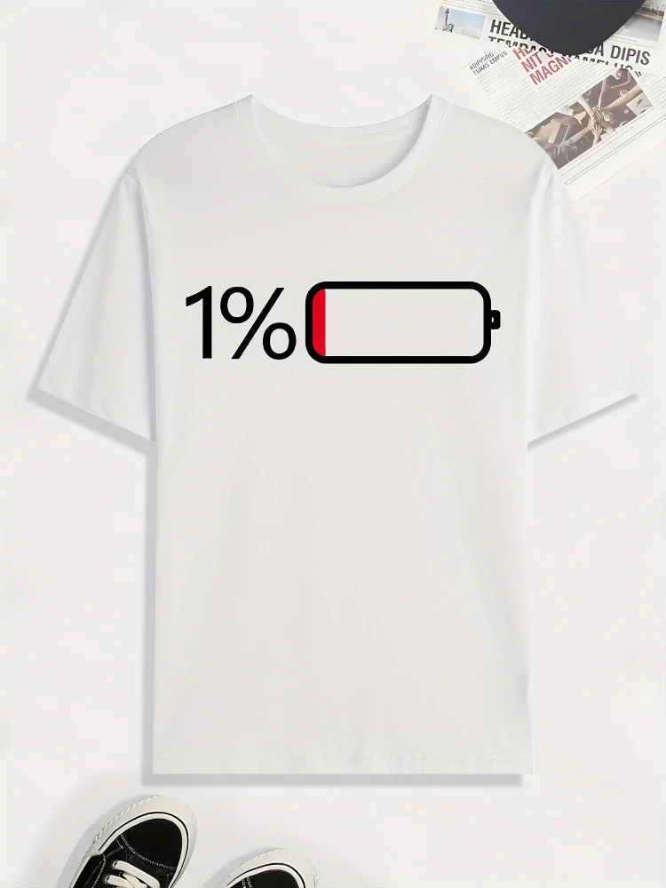 Battery Low pattern design-100% cotton summer O-neck short sleeve casual printed men's T-shirt.