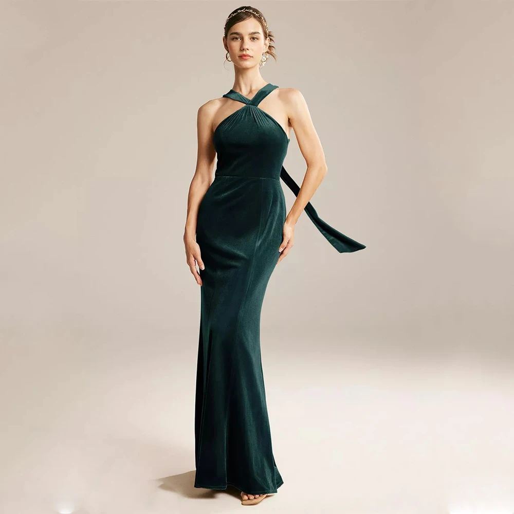 

Arya Elegant Sexy Evening Dress Velour for Floor-Length Halter Sleeveless Prom Dress Mermaid Vestidos De Fiesta Customized