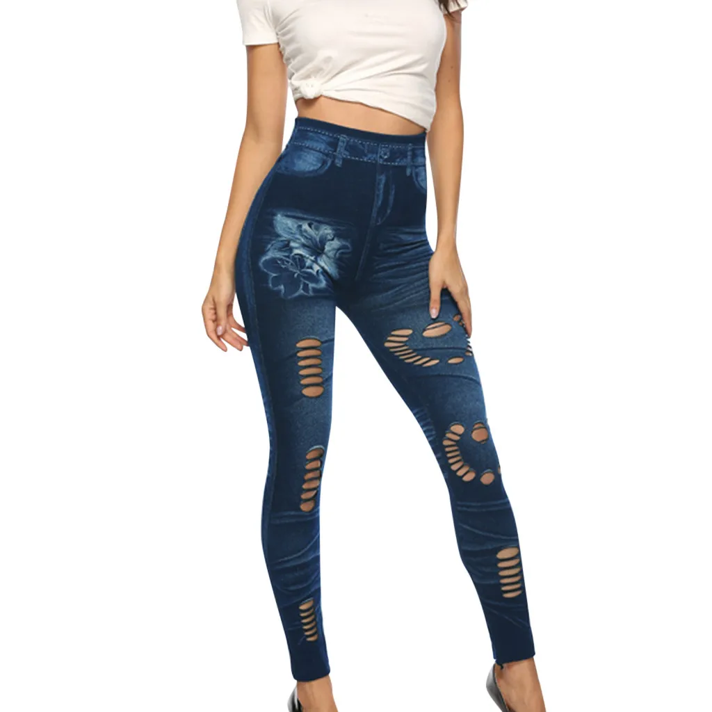 Leggings en denim évidés pour femmes, pantalons élastiques de fitness crayon, jeans de yoga sexy, pantalons troués, imprimé floral, décontracté, dames