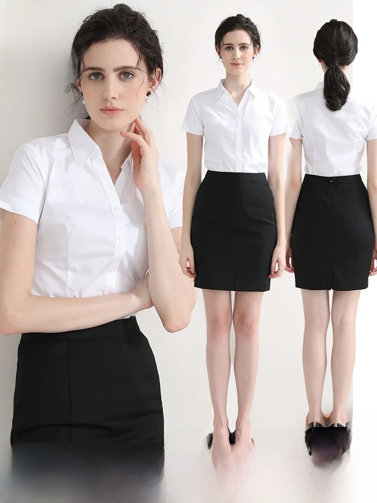 

Romon Women's Interview Shirt Short Sleeve Work Uniform Set Professional Flight Attendant White Shirt High-End Sensation Comm...