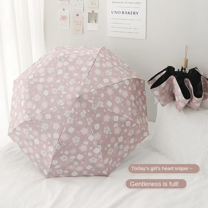 Small Floral Umbrella  Fully Automatic Vinyl Sun Umbrella Sun Protection and UV Protection Folding Fair and Rain Umbrella