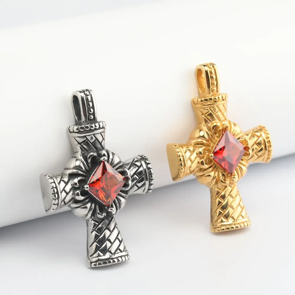 

European and American Punk Hip-hop Style Men's Stainless Steel Cross Grab Square Zircon Pendant Necklace Chain