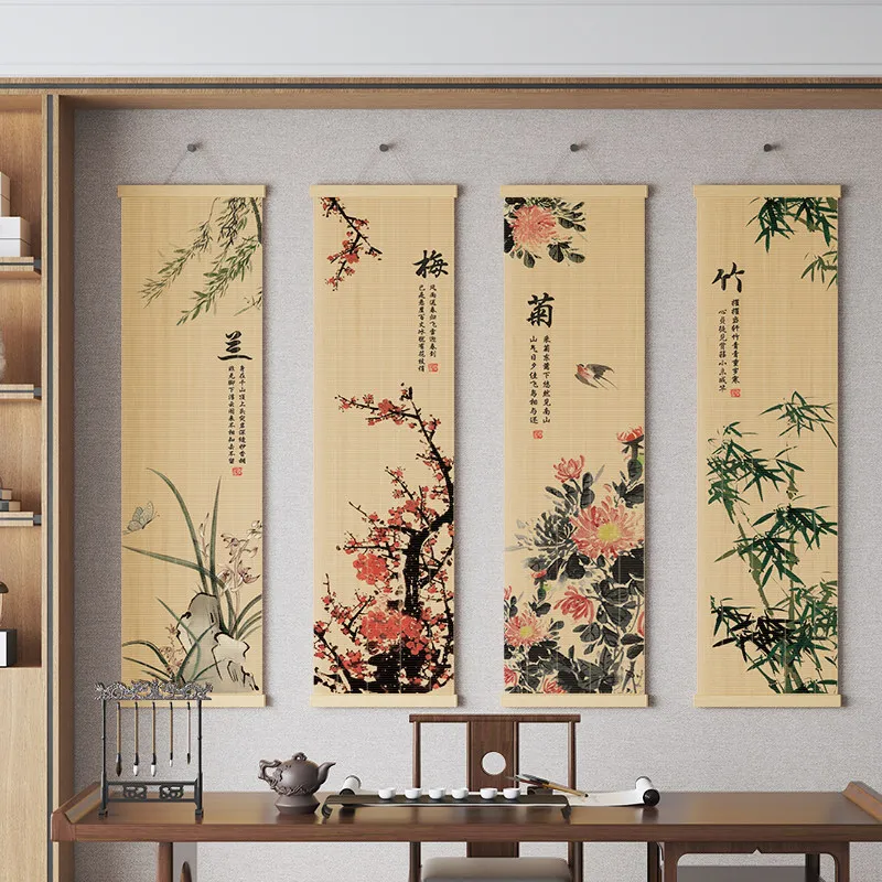 Chinese Bamboo Scroll Wall Art Plum Orchid Chrysanthemum Bamboo Zen Decor Tatami Room Tea Ceremony Living Room Entryway