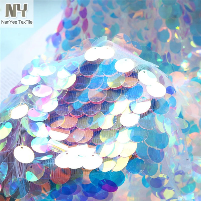 18mm High Density Big Round Iridescent Sequin Fabrics Multi Colors Large Dot Embrpidery Paillette Tulle For Stage Costume