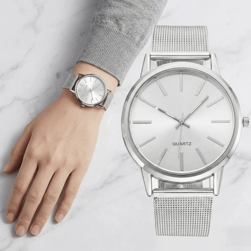 

Модные женские кварцевые часы, роскошные наручные часы с корпусом из серебряного сплава и сетчатым ремешком для женщин, простые элегантные женские часы Montre Femme