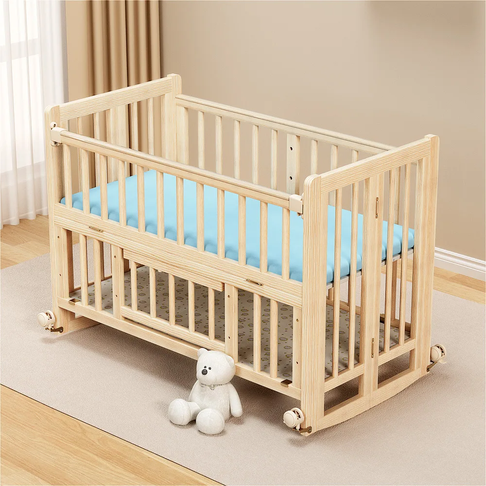 Natural Wooden Foldable Baby Crib Bed Multifunction 3 In 1 Solid Wood Kids Cribs with Mosquito nets For Boys and Girls