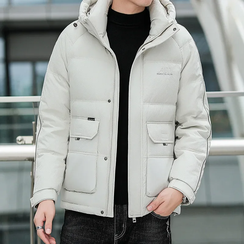 Winter New Down Coat Men's Premium Hooded White Duck Down Thickened and Warm Standing Collar Casual Bread Shirt