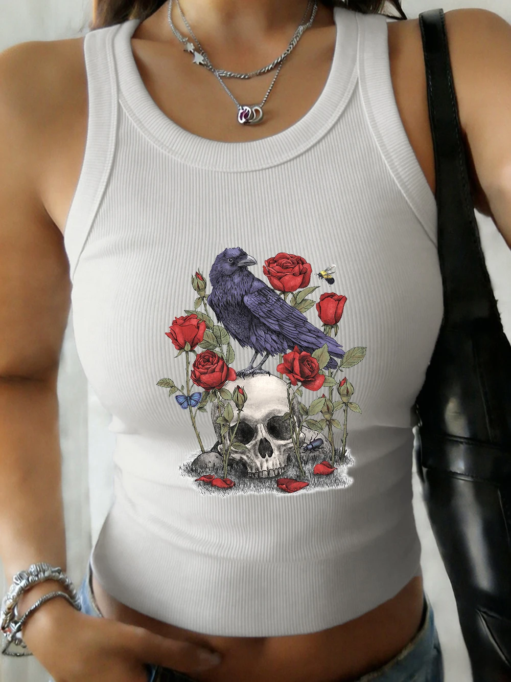 

Женские летние облегающие майки с принтом роз и черепов, повседневные мягкие топы без рукавов с круглым вырезом, базовые эластичные хлопковые майки