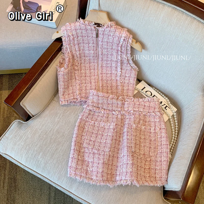 Olivegirl Women Sleeveless Top+ Mini Skirt Suit  Korean Weave Plaid Tweed 2-Piece Set Summer Luxury Gold Button Party Outfit - view 2