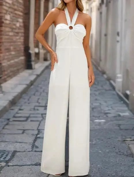Jumpsuit Women 2025 Summer New Sexy Slim-Fitting Halter Backless High Waist Sleeveless Lace Up Casual Daily Wide Leg Jumpsuit