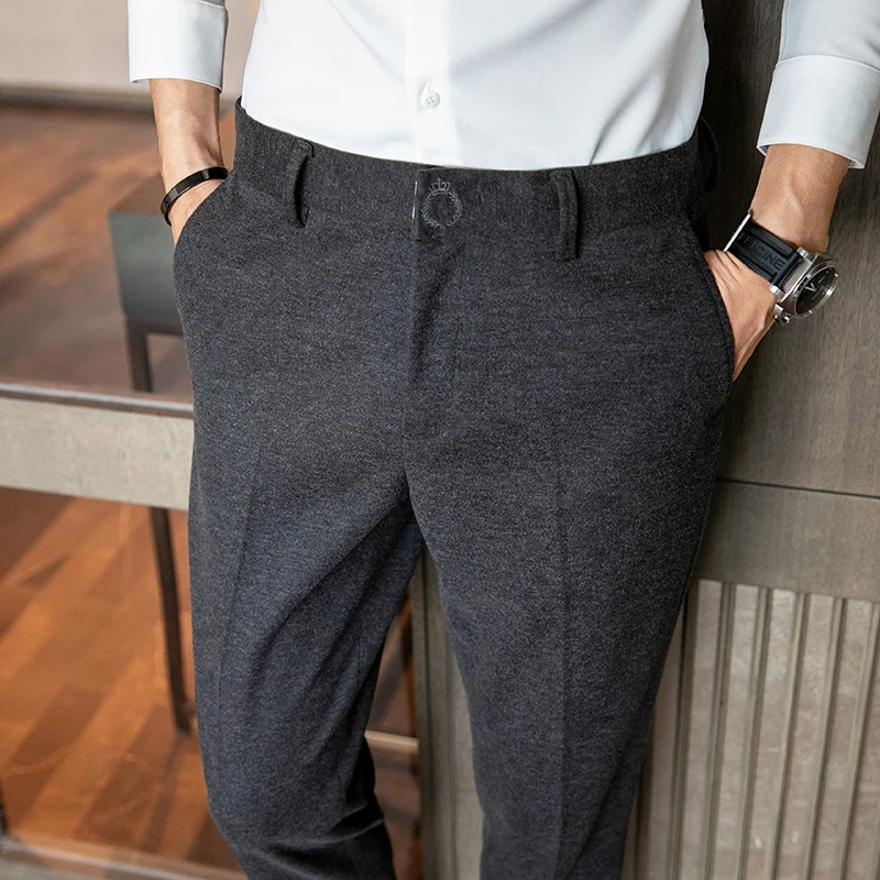 2024 New Solid Color Business Casual Tailored Suit with Thick and Warm Woolen Trousers.High Quality Embroidered Pants.