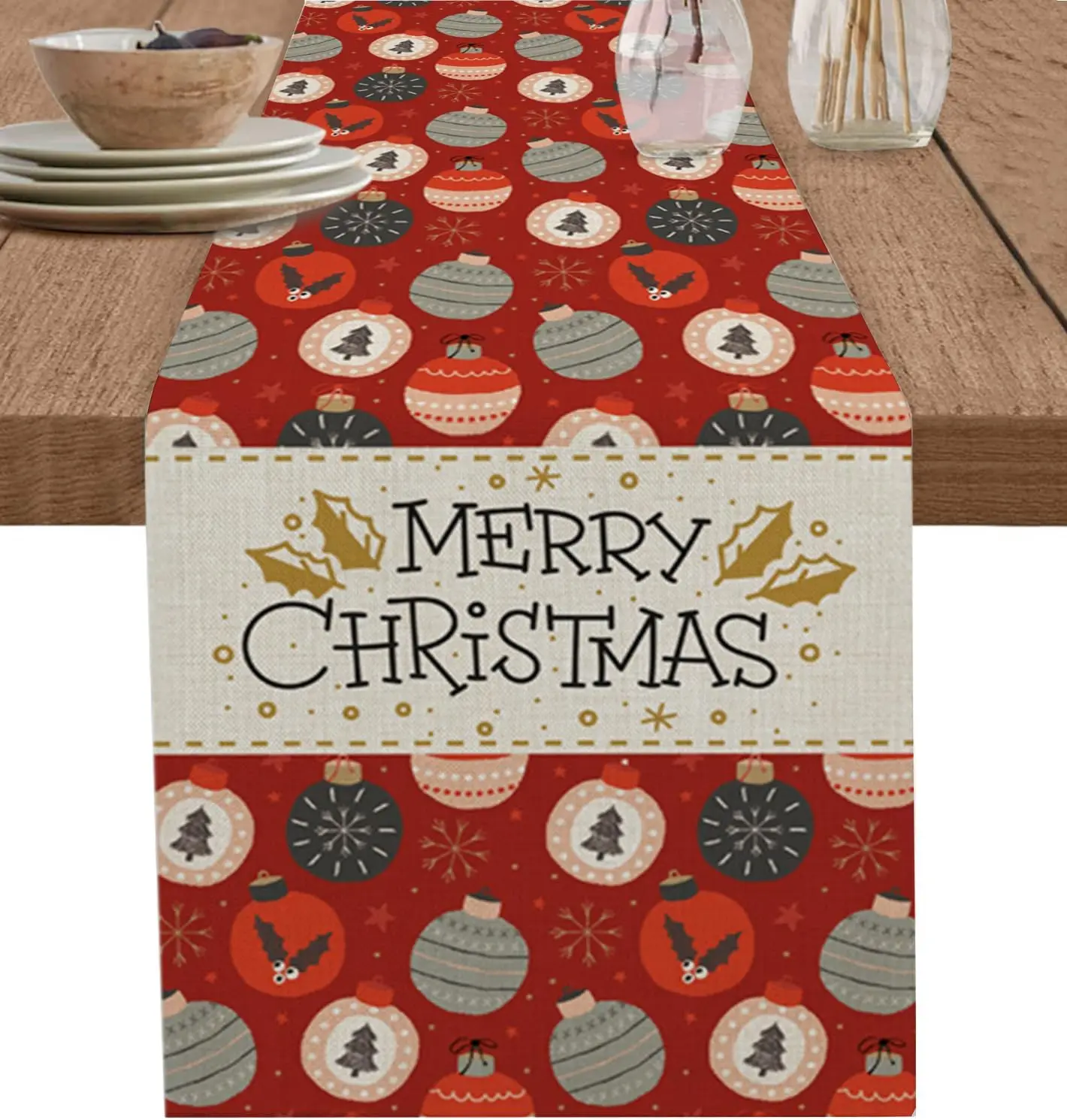 Christmas Lamp Balls Winter Xmas Red Linen Table Runners Dining Room Decor Farmhouse Dining Table Runners Christmas Decorations