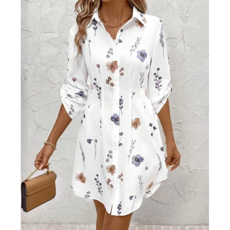 Women's Floral Printed Shirts Dress Autumn New Elegant Lapel Folds Slim Waist Mini Dresses For Women Vestidos Casual Long Shirt