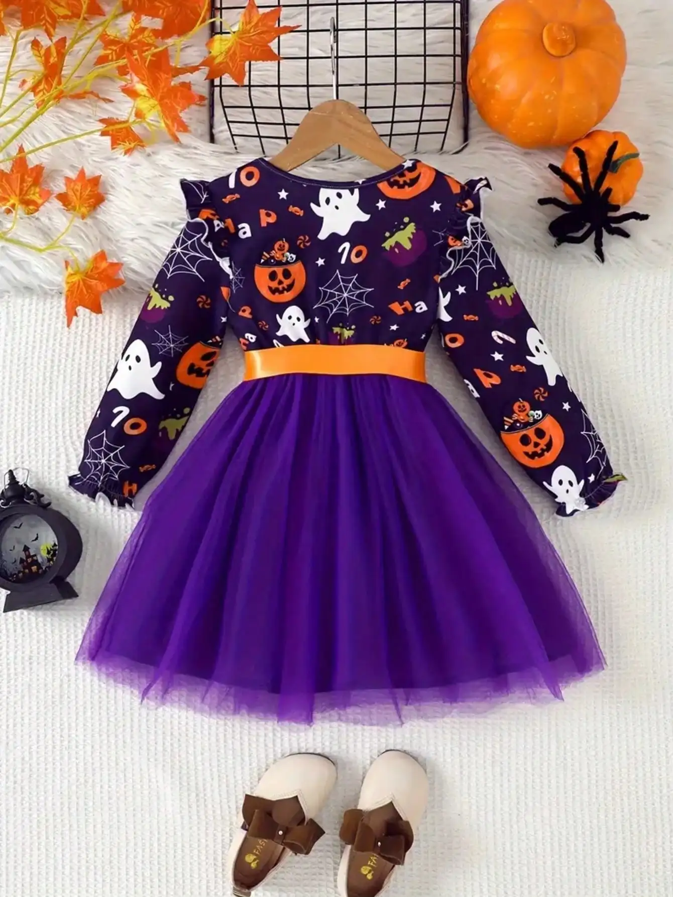 Langärmeliges Halloween-Kleid aus Mesh mit Kürbis- und Geistermuster, Rundhalsausschnitt, mittellanger Rock für Kinderkostüme – Detail 4