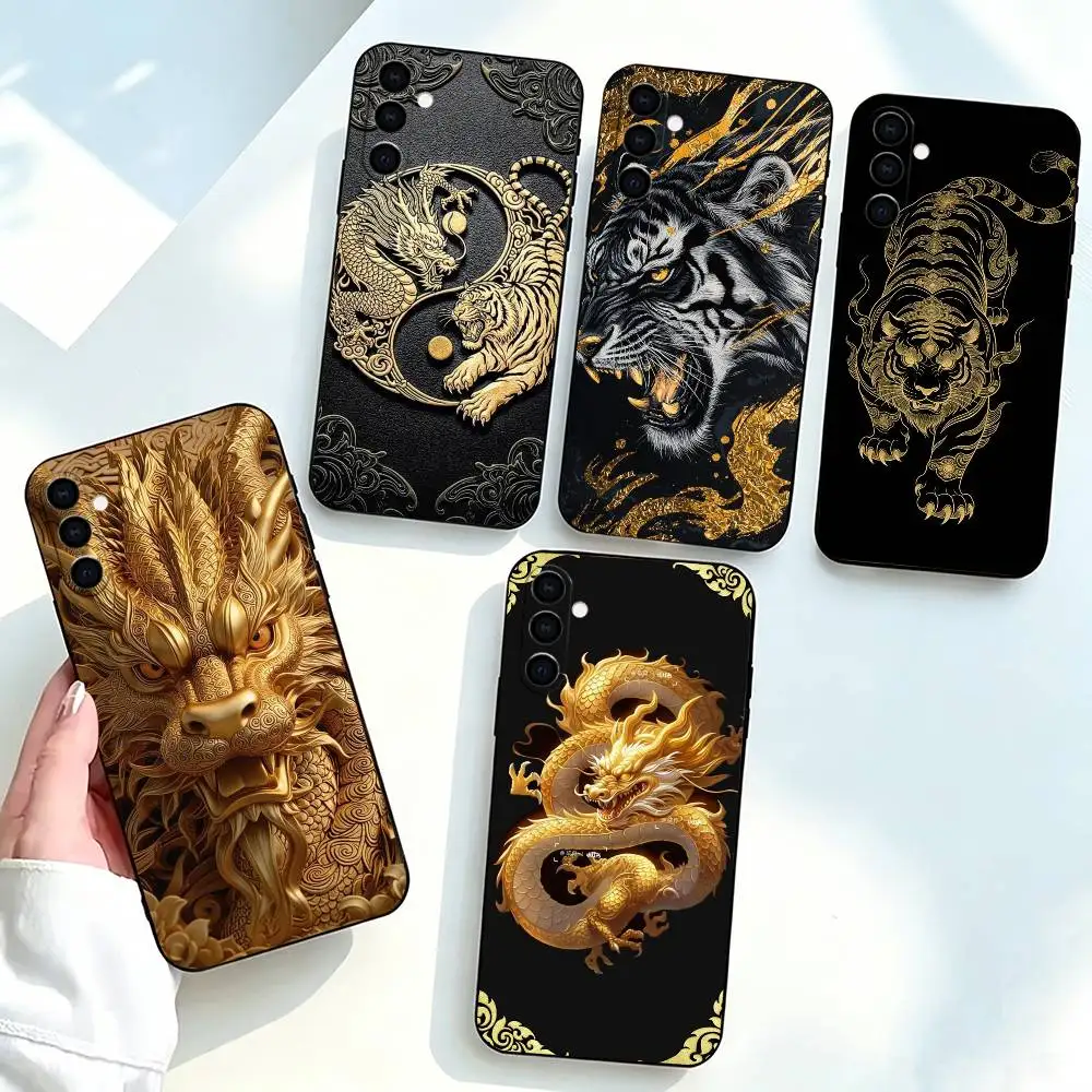Shiny Golden Dragon and Tiger-r Phone Case For Samsung Galaxy A73,A72,A71,A70,A53,A52,A51,Others Soft Black Cover