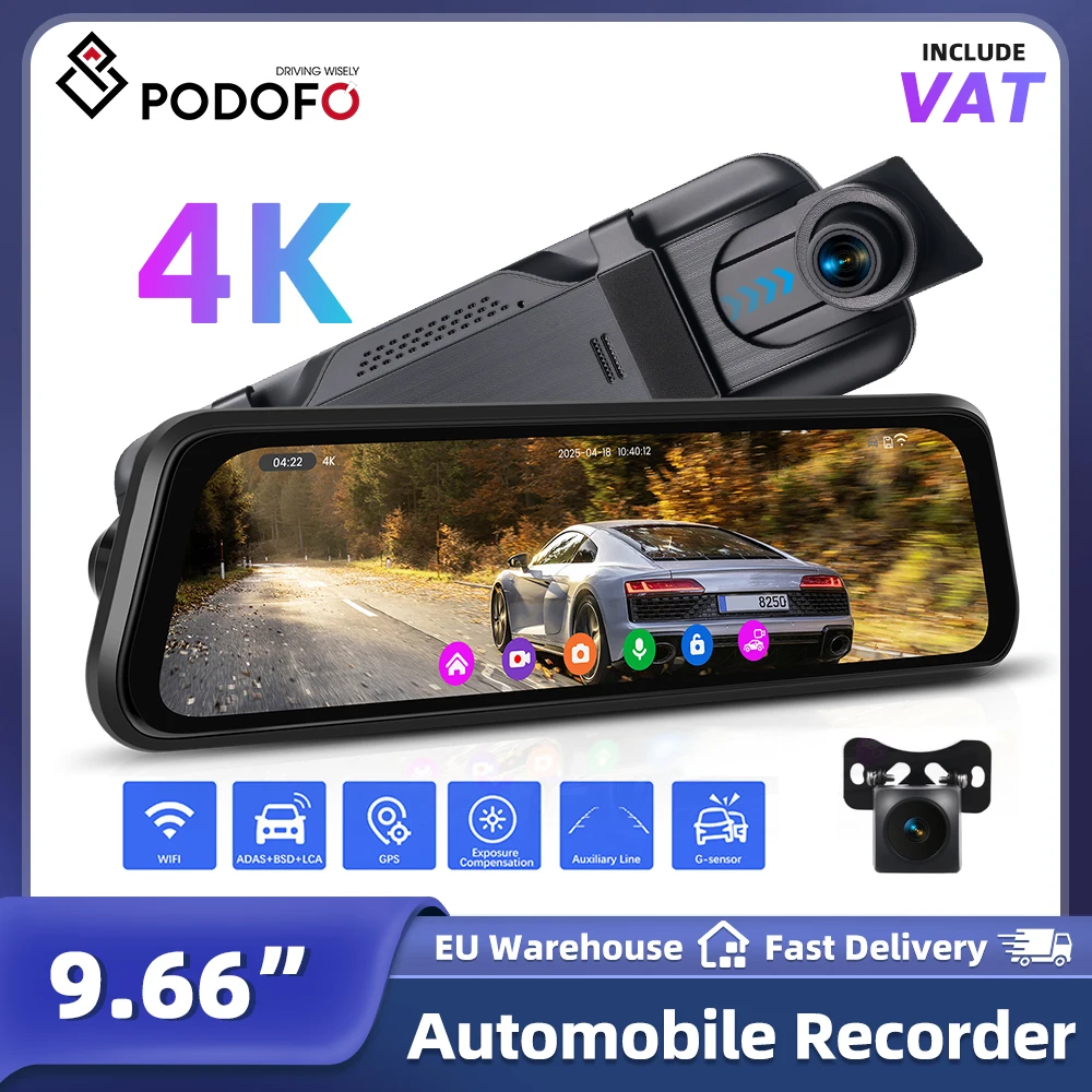 Podofo Auto-Spiegel-Videorekorder mit Nachtsicht, ADAS, Dashcam, Front- und Rückkamera, Spiegel-DVR, App-Steuerung, WLAN, Loop-Aufnahme