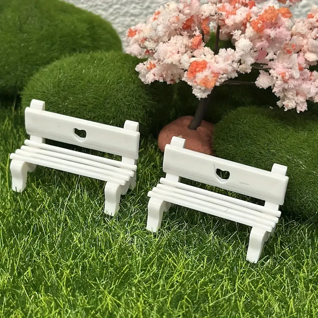 3pcs Miniature White Bench Set for Gardens - PVC, No Battery Needed, Perfect for Terrariums And Photography Props