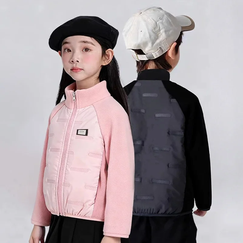 2‑12 Years Kids Stand Collar Spliced Fleece Jacket Autumn Winter Boys Girls Fashion Color Blocking Warm Cotton Outerwear