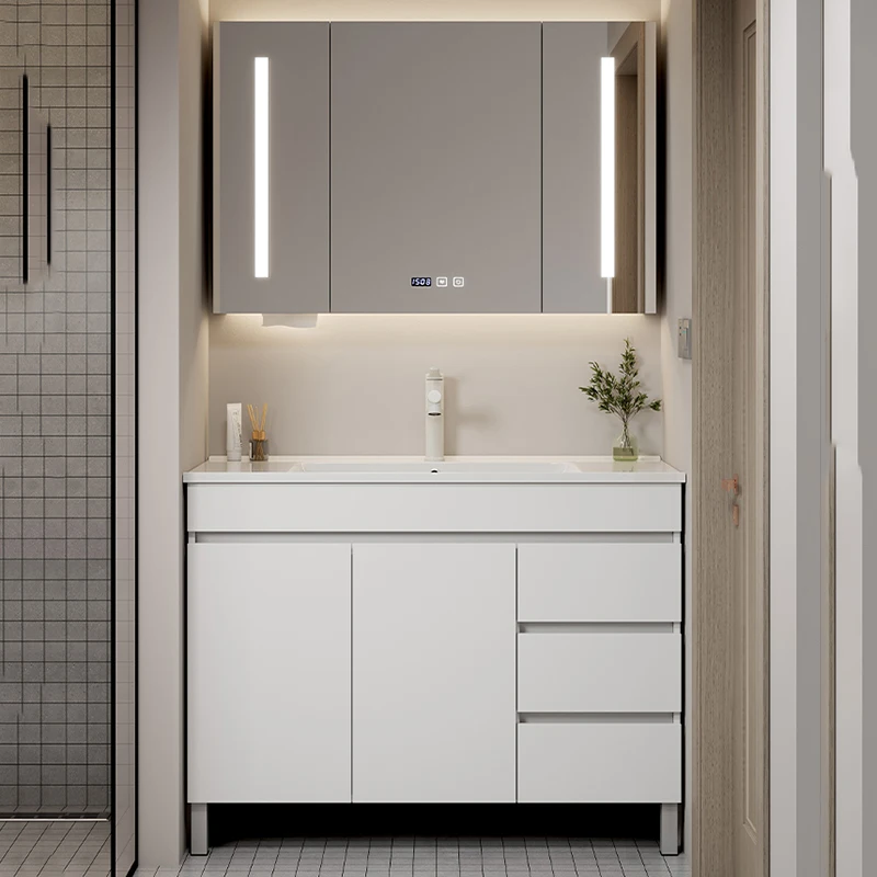 White Shelf Bathroom Cabinet Space Saver Nordic Toilet Drawers Bathroom Vanity Mirror Luxury Wood Meuble Salle De Bain Furniture