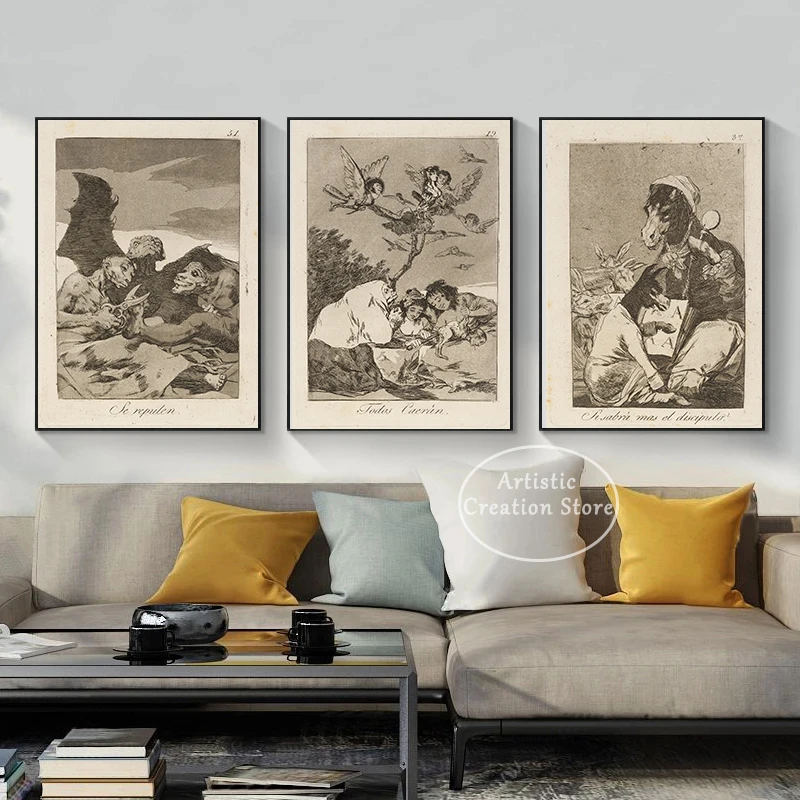 Witchcraft Collection By Francisco De Goya Witch Riding on Broom Dark Art Goth Poster Print Canvas Painting Wall Pictures Decor