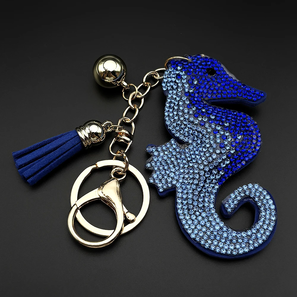 

Blue Shine Crystal Seahorse Keychain For Women Men Tassel Female Sea Life Bag Charm Hanging Lovely Keyholder Jewelry Gifts