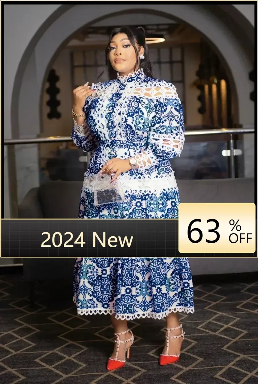 Plus Size Women Printing Dress Vintage Lace Hollow Out Long Sleeves Elegant Lady Party Dresses High Waist A Line Club Gowns