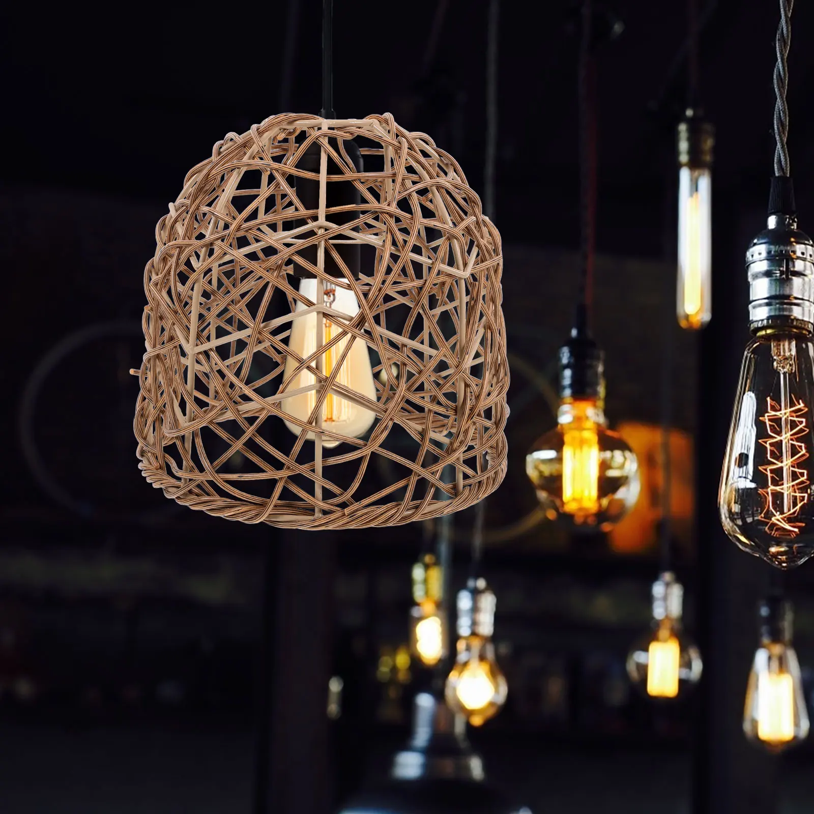

E27 Rattan Lampshades Vintage Small Wicker Lamp Shade Boho Pendant Light Cover Replacement For Chandelier Ceiling Fan Warm