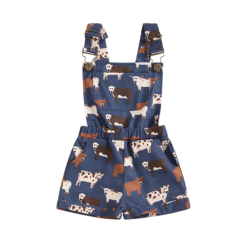 

Toddler Girl Farm Overalls Cow Chicken Print Jumpsuit Sleeveless Straps Buttons Pockets Romper Baby Summer Clothes