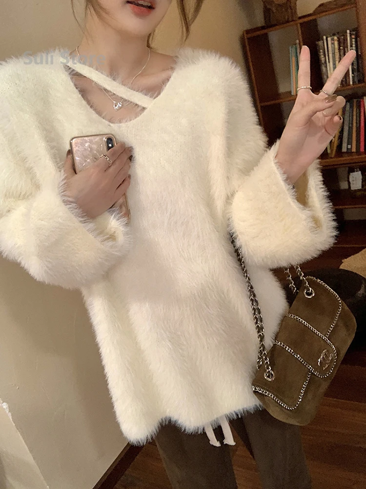 Artificial Mink Hair Women White Soft V-Neck Hollow Out Knit Sweater V-Neck Long Sleeve Pullovers Spring Autumn 2024 Sweaters