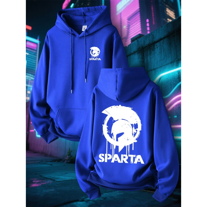 

Men'S Spartan Print Hoodie, Breathable Sports Pullover With Drawstring Hood And Front Pocket, Ideal For Casual And Fitness Wear,
