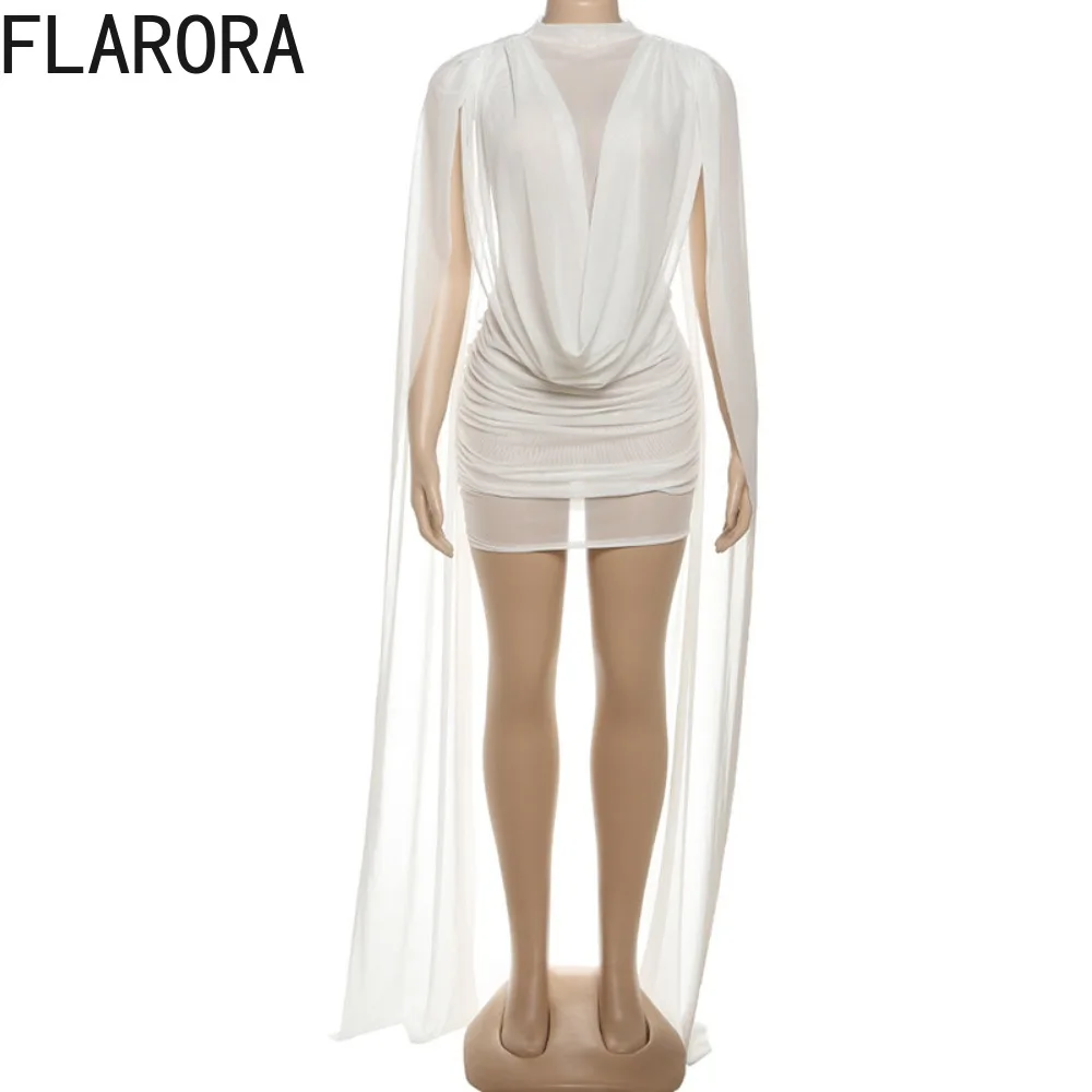 FLARORA Coquette Sexy Patchwork Dress Woman Mesh See Through Swing Neck Sleeveless Peach Hip Mini Dresses Elegant Party Clubwear