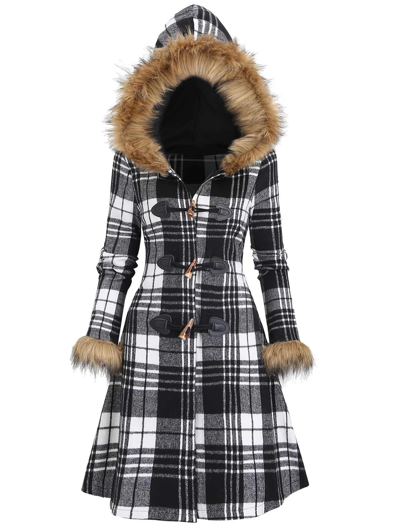 2025 Chaqueta con capucha y cuello de piel nueva de invierno para mujer, chaqueta de invierno a cuadros retro gótica