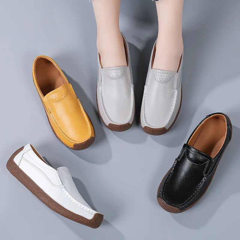 WOIZGIC Women Female Ladies Mother Genuine Leather Shoes Flats Loafers Slip On Moccasins Vulcanized Shoes Plus Size 42 41