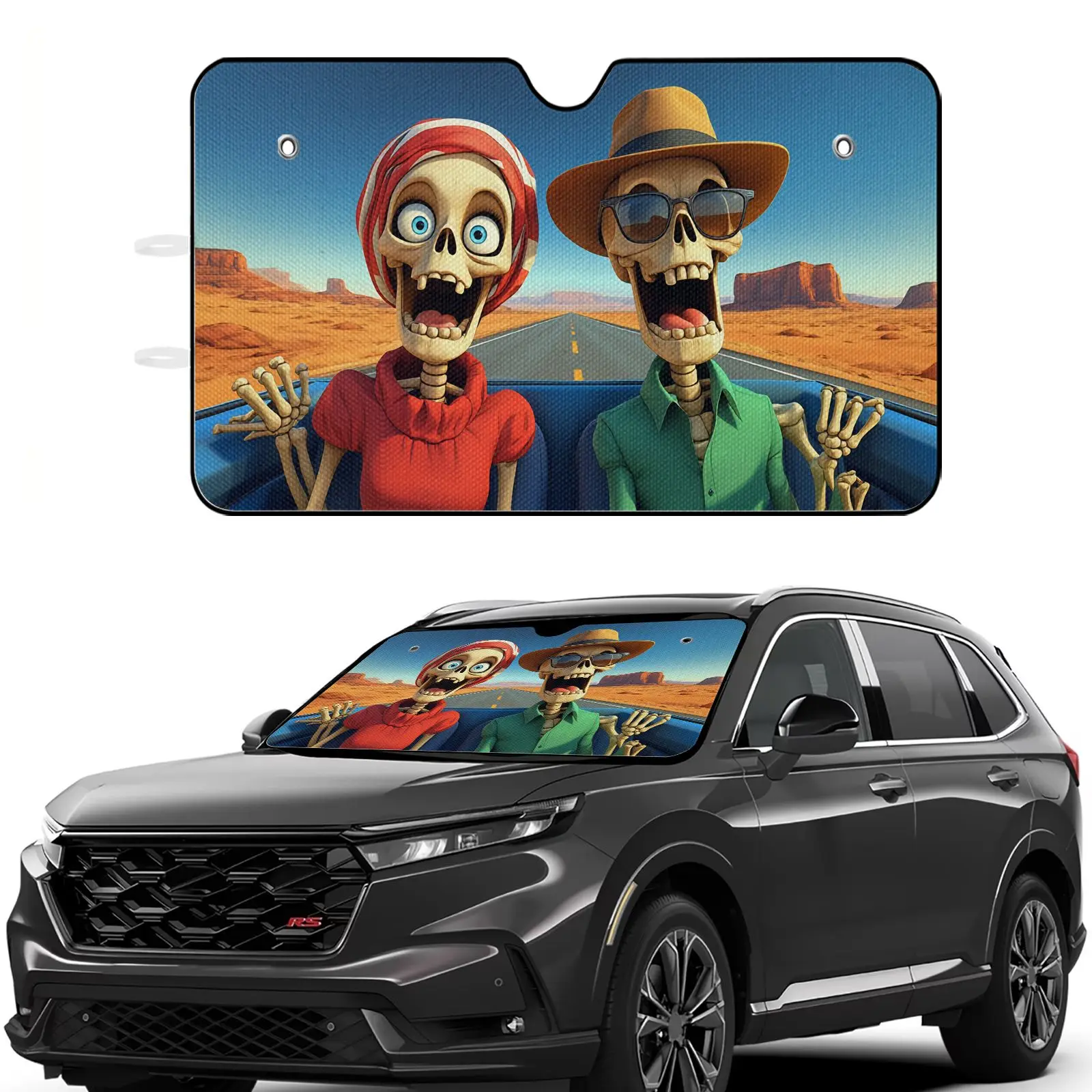 Car Windshield Sun Shade | Skeleton Couple Cartoon Design In Red And Green Colors, Desert Road Scene For Car Interior Protection