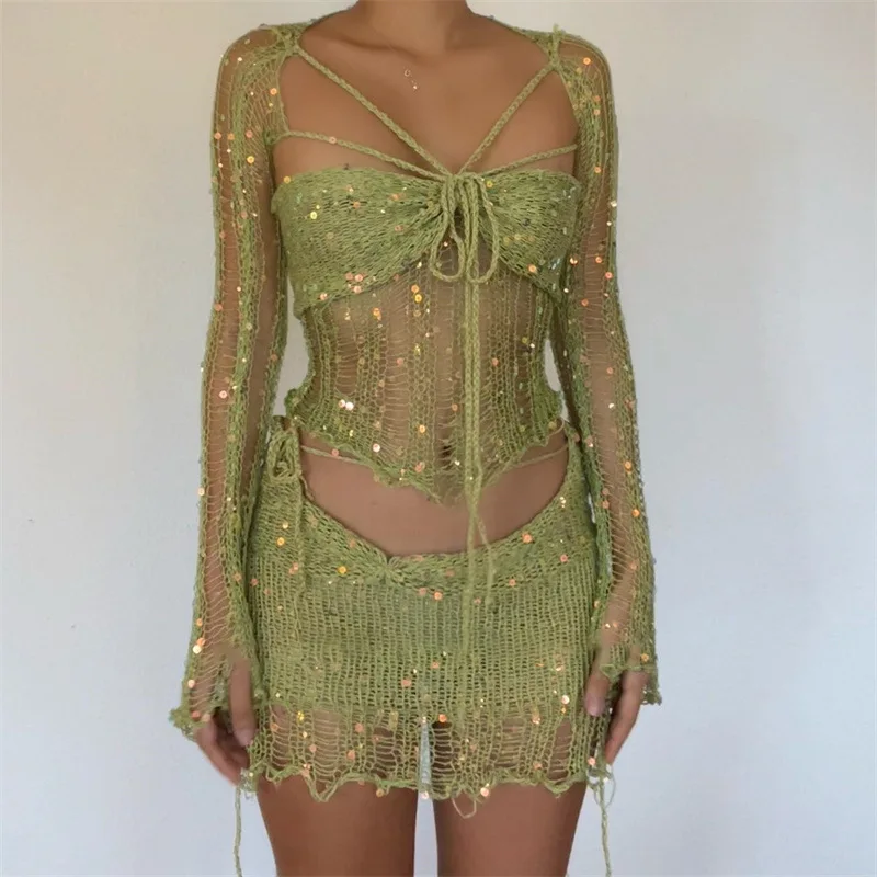 hirigin Sequins Knitted Hollow Out Long Sleeve Crop Top And Midi Bodycon Skirt Two Piece Set Summer Women Beach Outfits