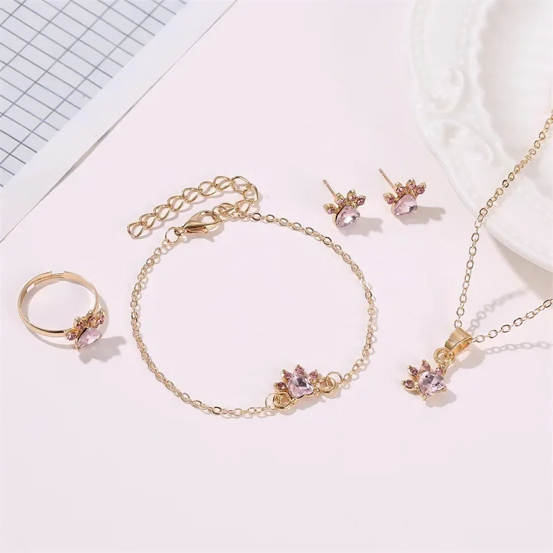 Fashion Jewelry Cute Cartoon Cat Claws Necklace Earrings Four-piece Set Cat Footprints Zircon Ring Bracelet Women 2024 Korean