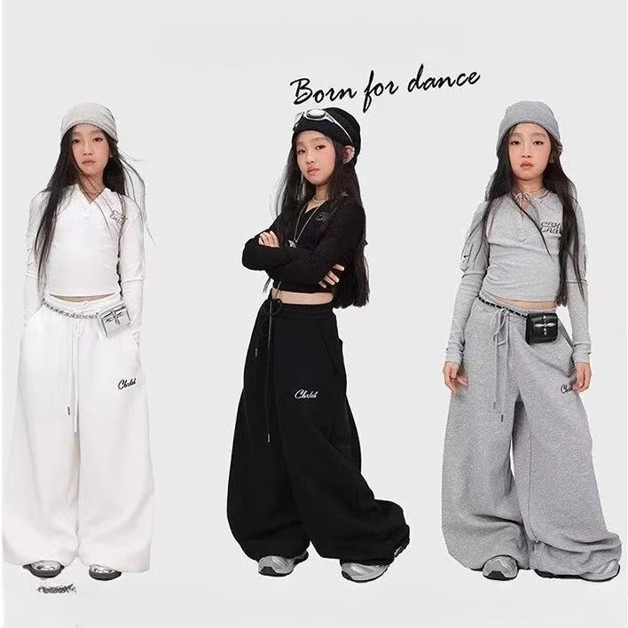 Teen Girls Jazz Hip Hop Street Dance Clothes Cotton V-neck T-shirt+Wide Leg Pants Junior Kids Walking Set child clothes outfits